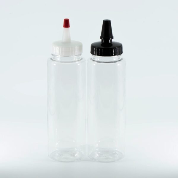 250ml (8oz) Clear PET Sauce Bottle with Yorker Natural Spout Cap and Red Tip | SKU: BSB-066NS