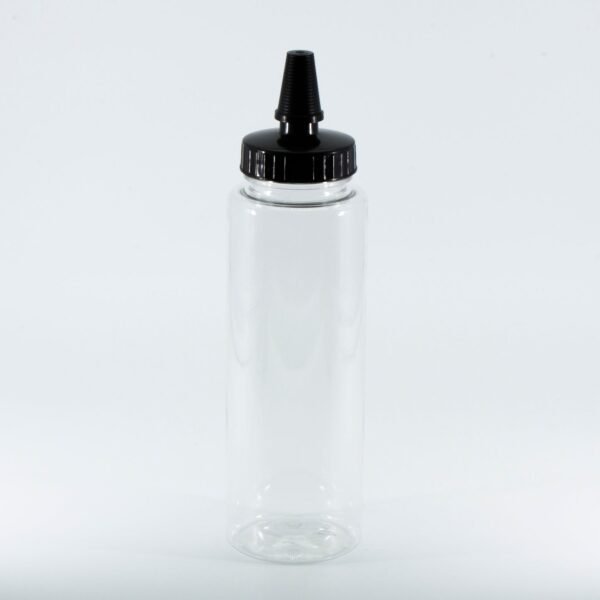 250ml (8oz) Clear PET Sauce Bottle with Yorker Black Spout Cap and Tip | SKU: BSB-066BS