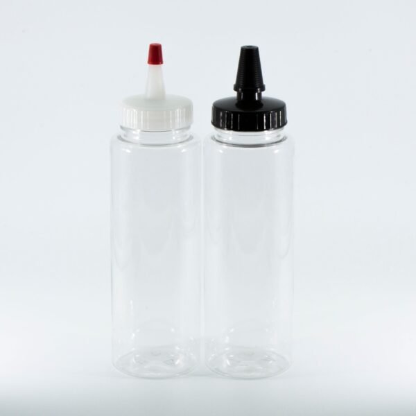 250ml (8oz) Clear PET Sauce Bottle with Yorker Natural Spout Cap and Red Tip | SKU: BSB-066NS